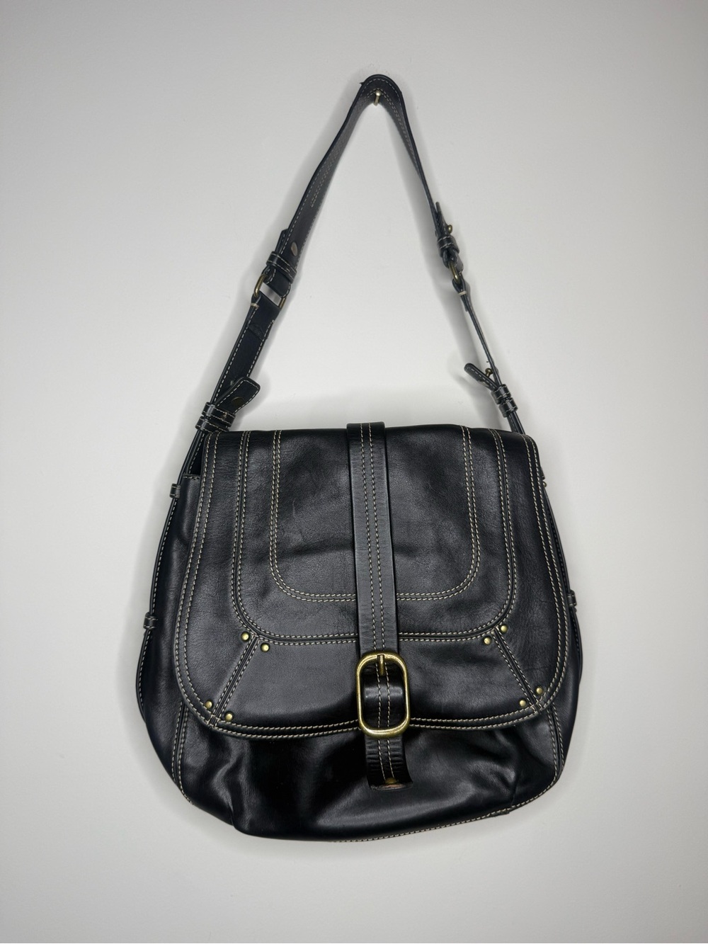 Levenger Black Leather Shoulder Bag with Brass Buckle
